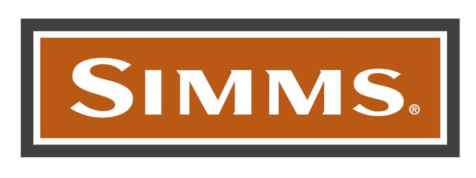 The Simms logo which reads "Simms" in white text on an orange-brown rectangle outlined by white and again by black. 