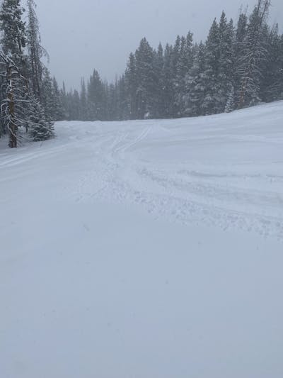 A snowy ski hill with ski tracks.