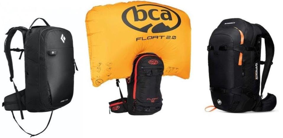 Three airbag backpacks are pictured. From left to right: the Black Diamond Jetforce Tour Pack 26L, the Backcountry Access Float Pack, and the Mammut Pro Protection 3.0.