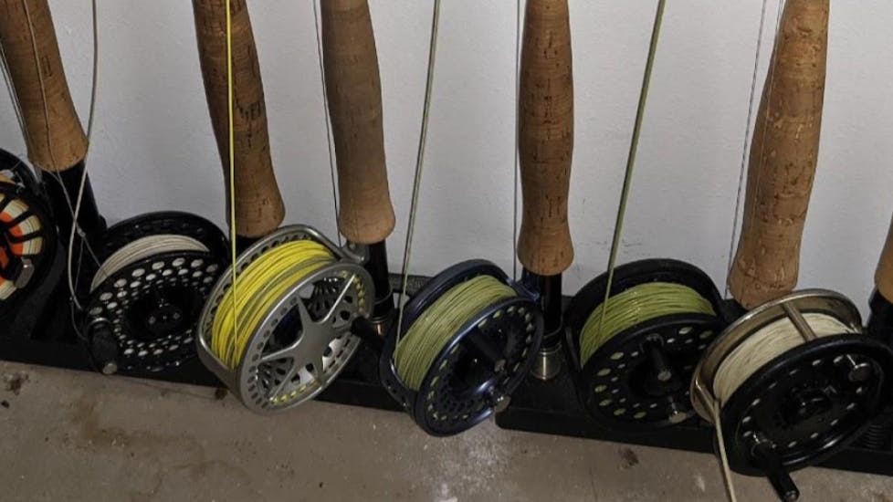 Several fly fishing rod and reels all standing together. 