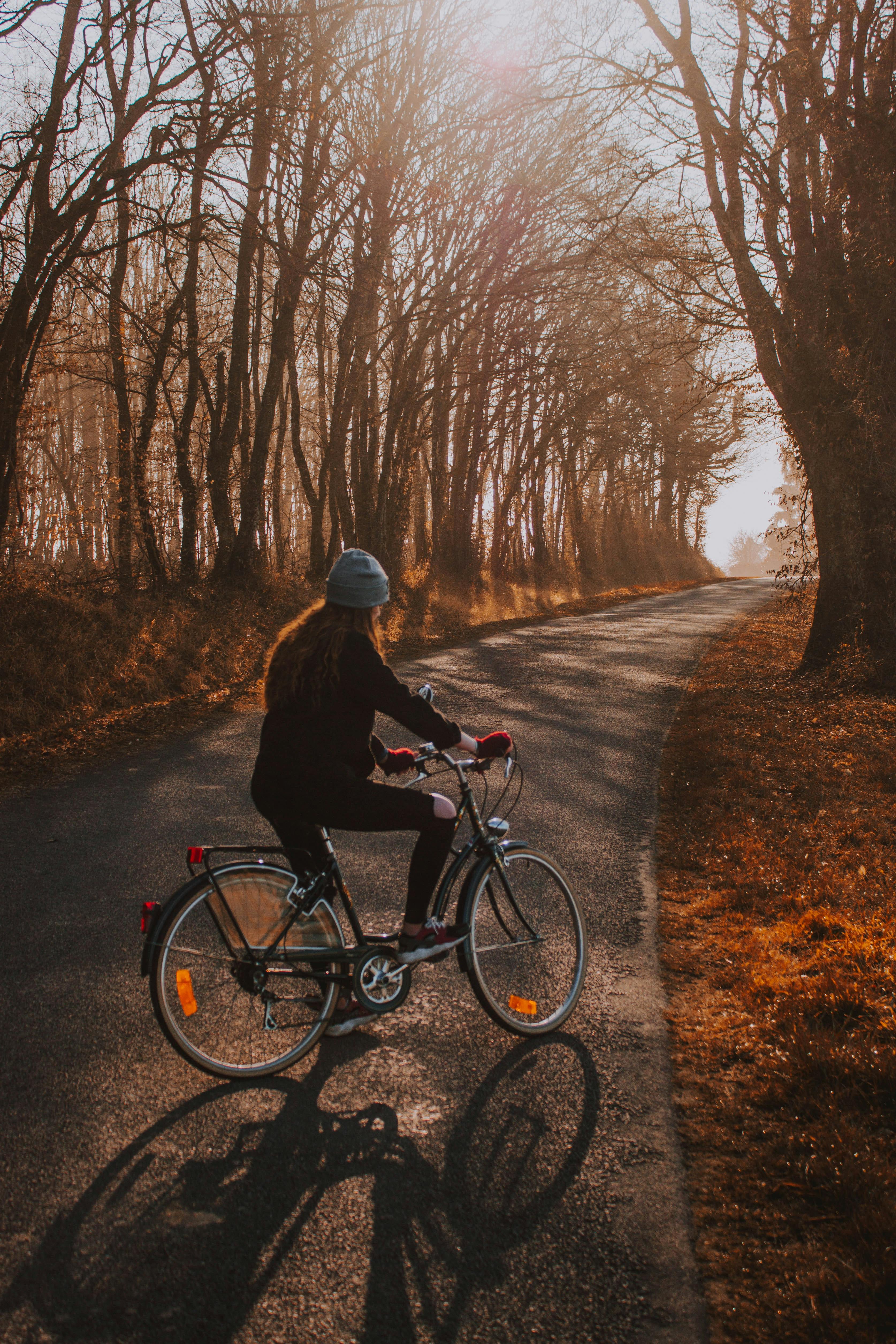 A woman riding a city bike on a paved, tree-lined path.