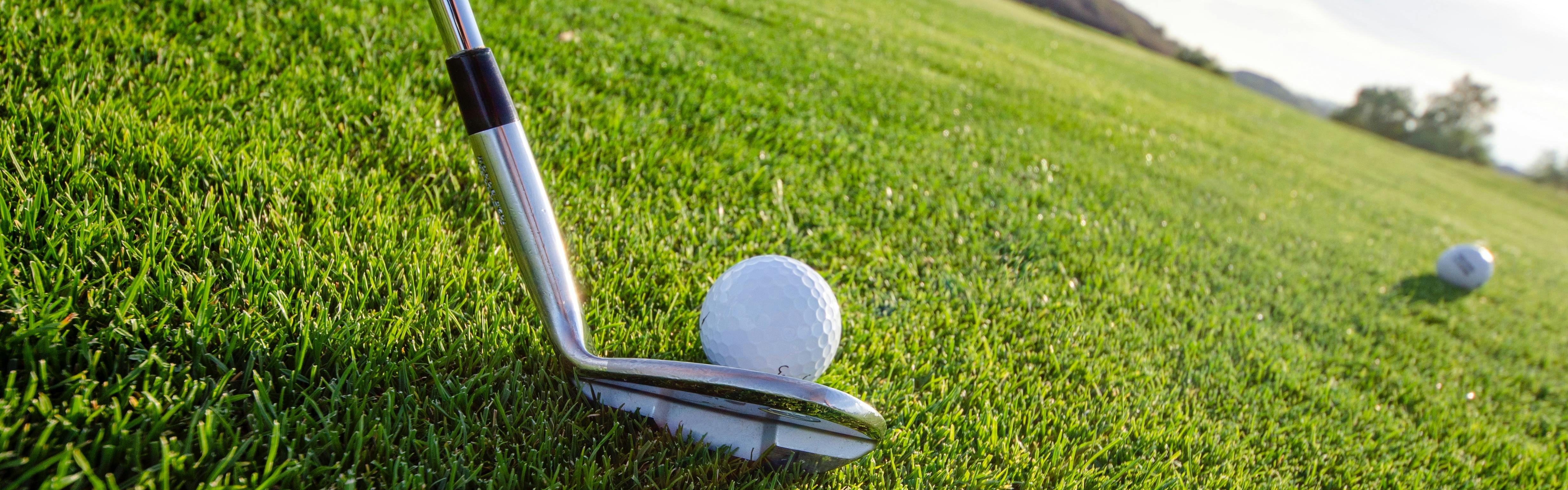 A golf club and a golf ball with green grass