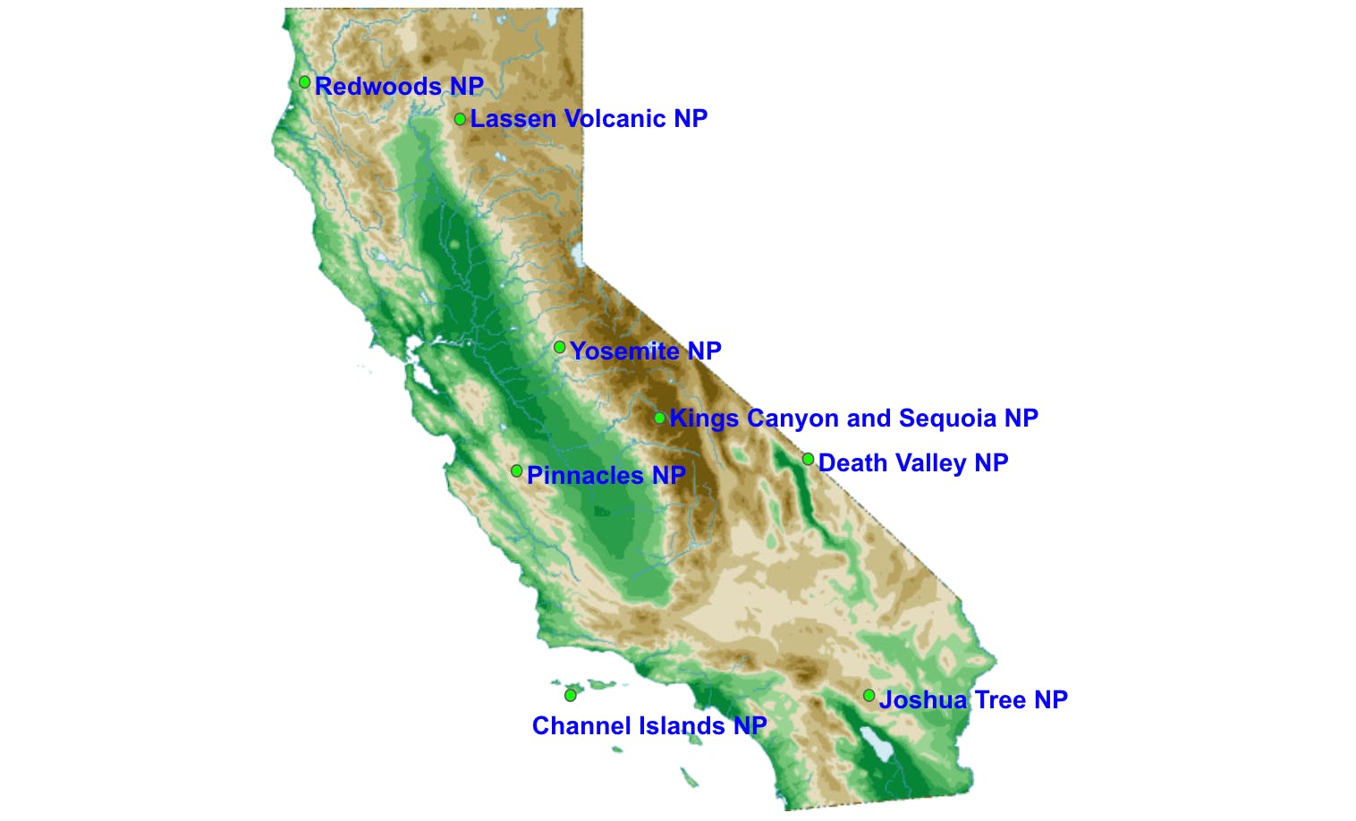 Map showing the national parks in the state of California. 
