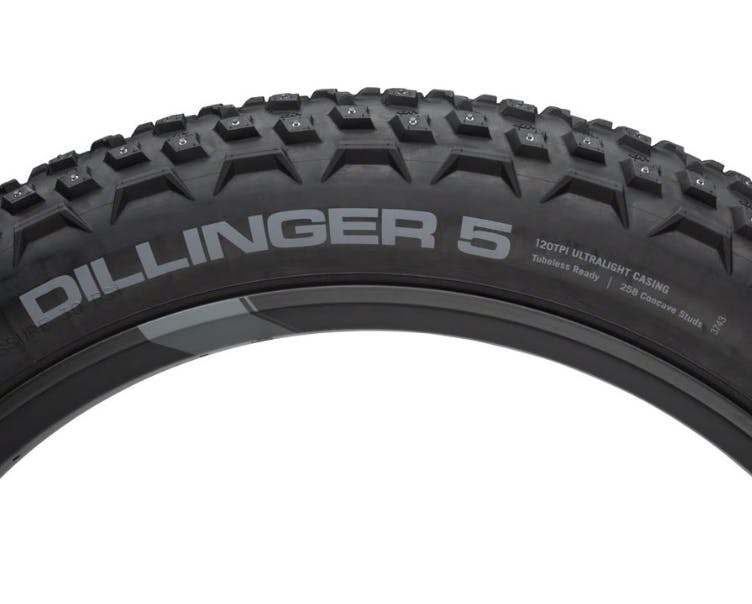 45NRTH Dillinger 5 Studded Fat Bike Tire 26 x 4.6, 258 Concave Studs, Tubeless Ready Folding, 120tpi · Black