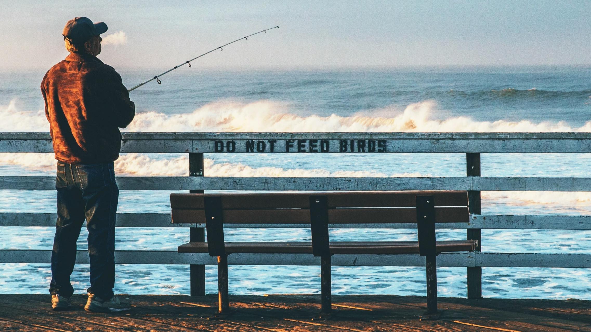 A man fishes off of a pier with waves crashing in the background. Painted in black on the white railing of the pier is "DO NOT FEED BIRDS."