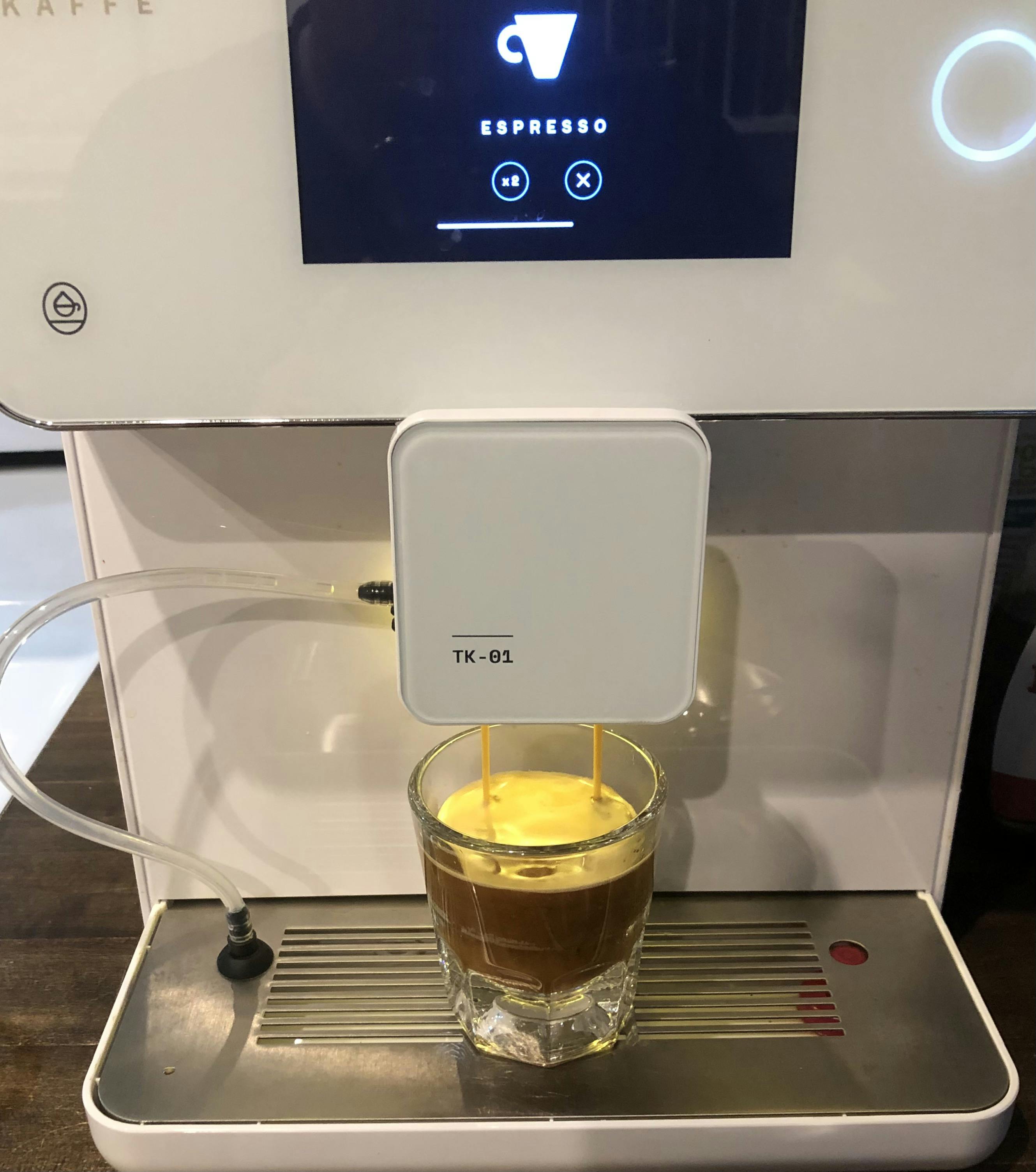 The Terra Kaffe TK-01 Espresso Machine making a double shot of espresso. 