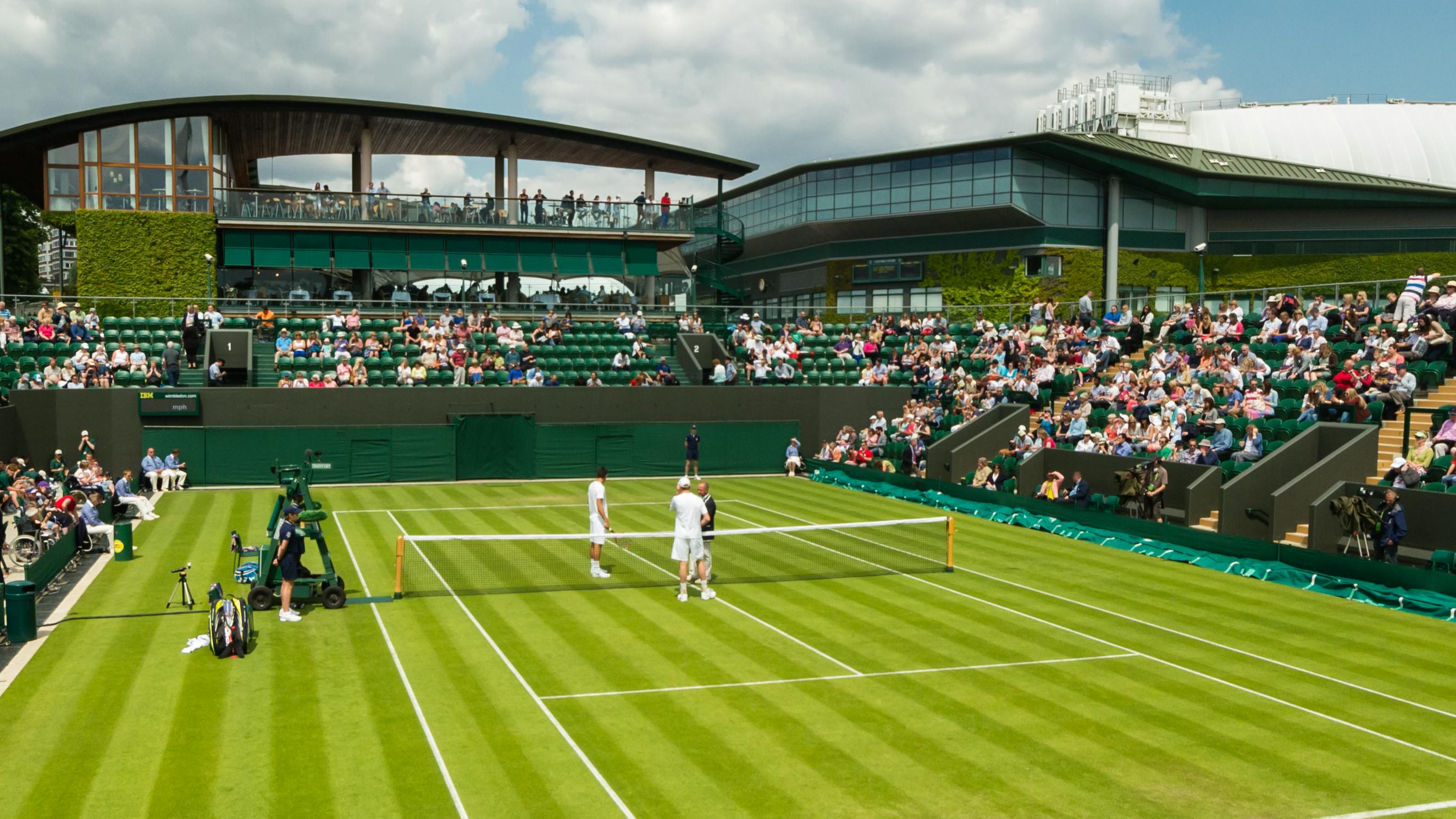 The grass court at Wimbledon during a match. 