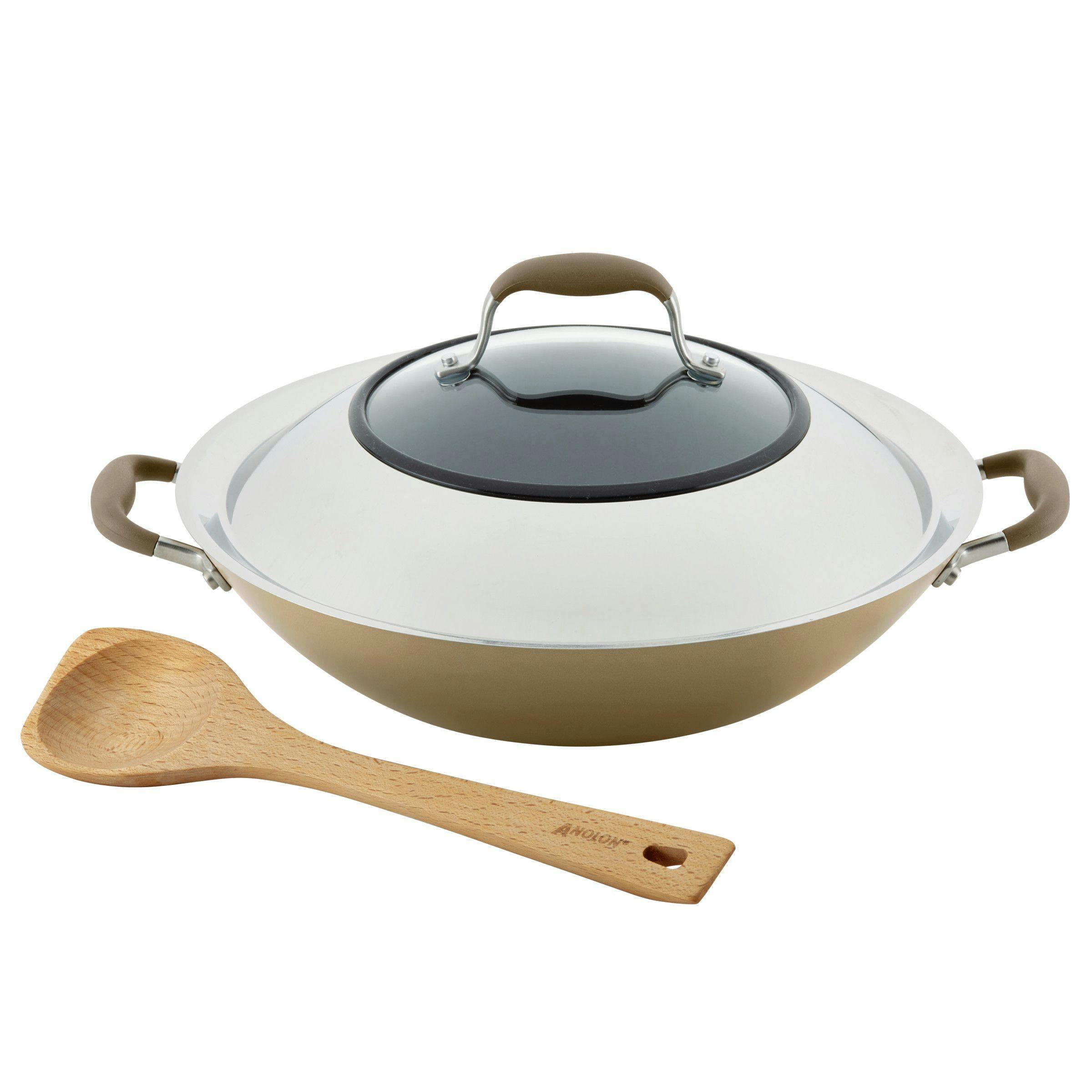 Anolon Advanced Home Hard-Anodized Nonstick Wok with Side Handles, Lid, and Wooden Spoon, 14-Inch, Bronze