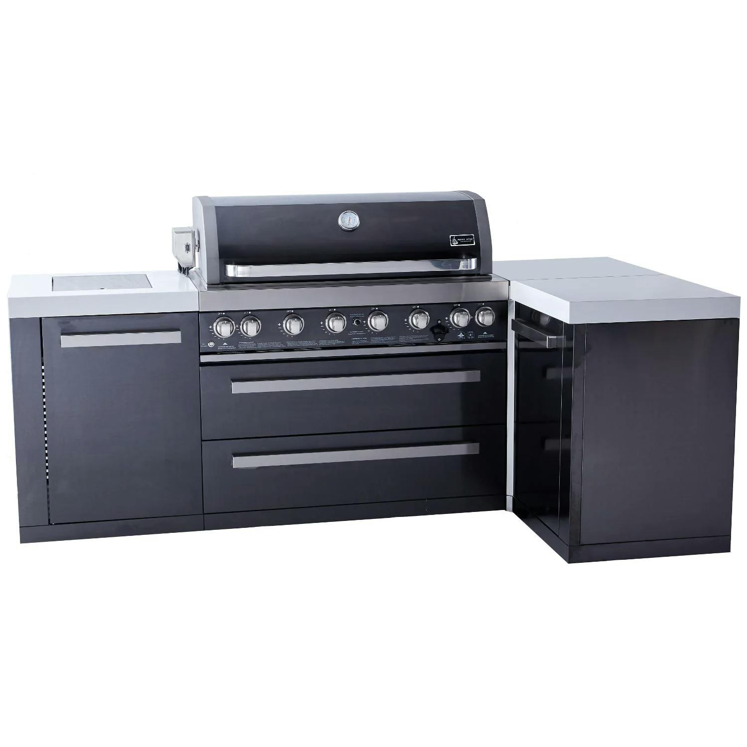 Mont Alpi 805 Deluxe Gas Island Grill with Infrared Side Burner and Rotisserie Kit Black Stainless Steel · 90 Degree · Propane