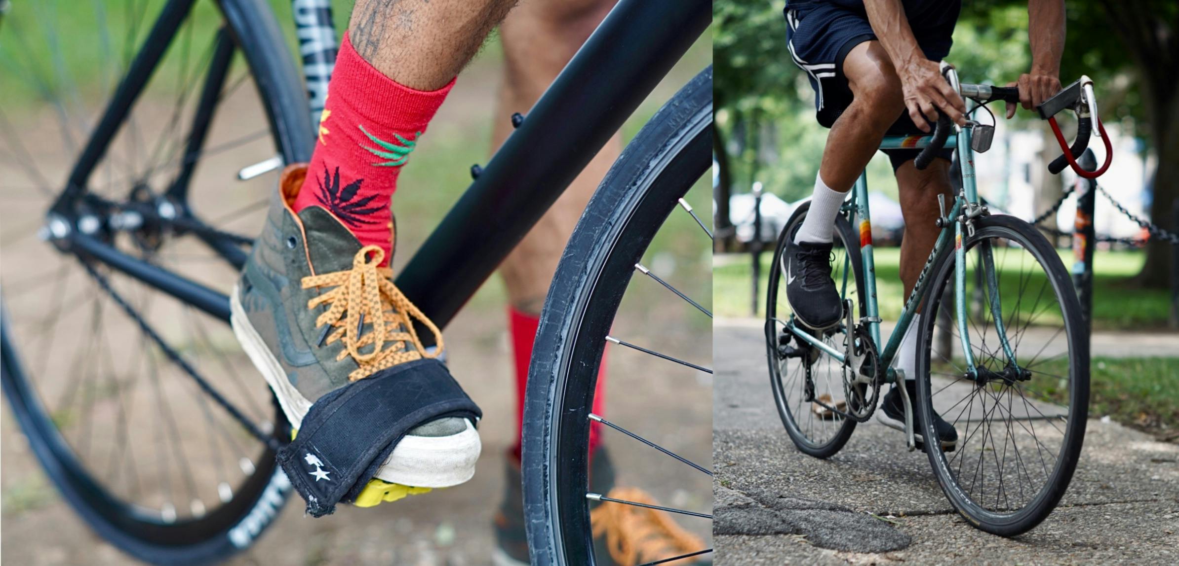 Two photos of sneakers being used as bike shoes. 