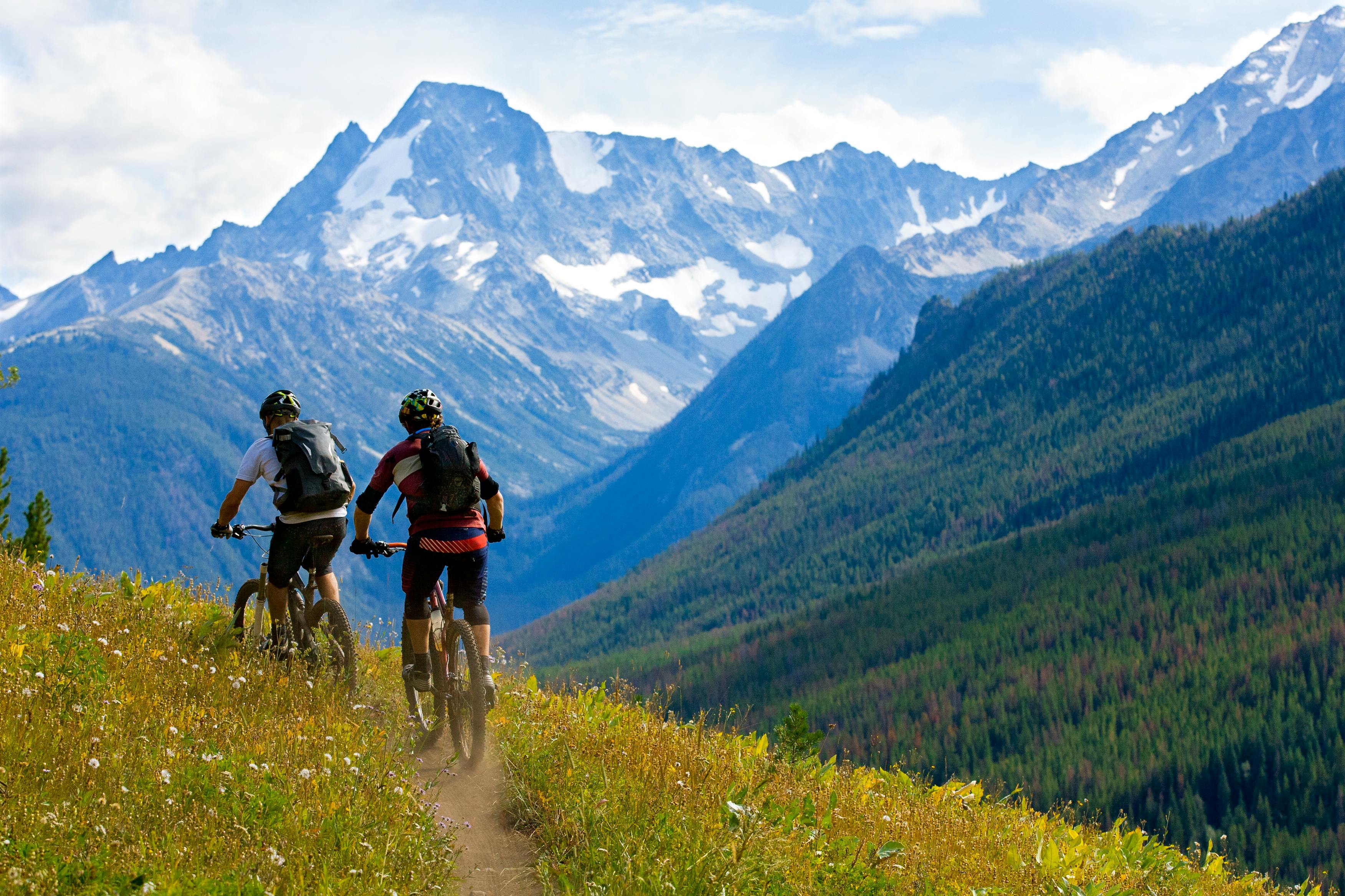 Two mountain bikers ride through a field with mountains in the distance