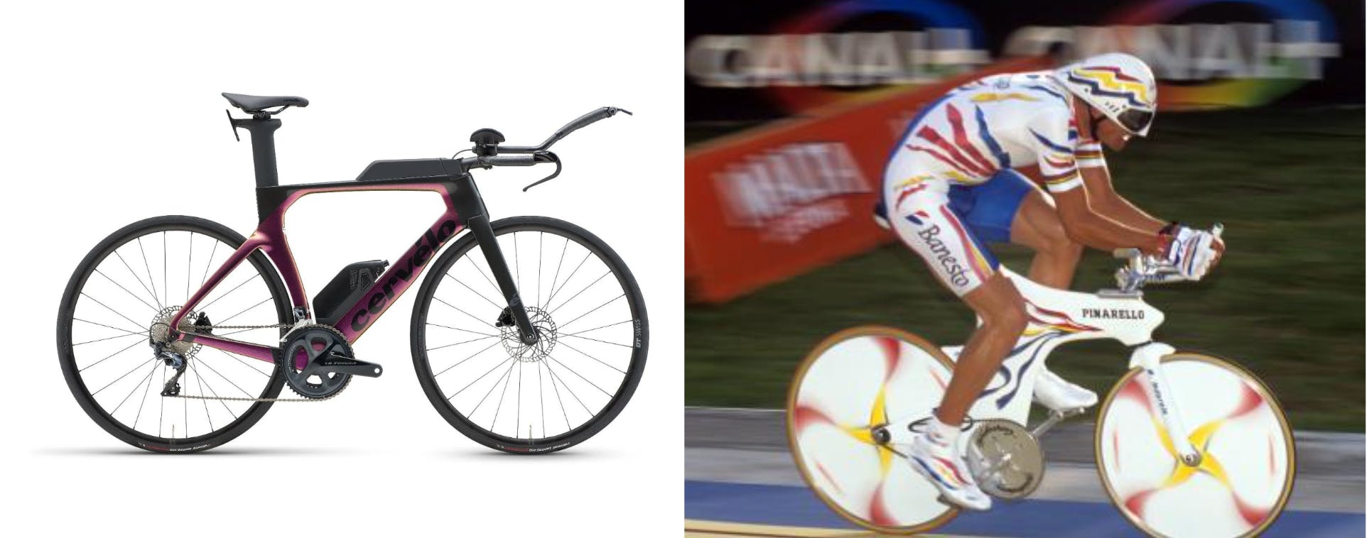 Two photos, on the left is a Cervelo P-series superbike and on the right is Miguel Indurain on a 90s SuperBike.