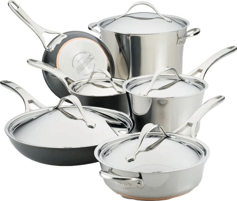 Anolon Nouvelle Copper Stainless Steel and Hard-Anodized Nonstick Cookware Induction Pots and Pans Set, 11-Piece, Silver and Black