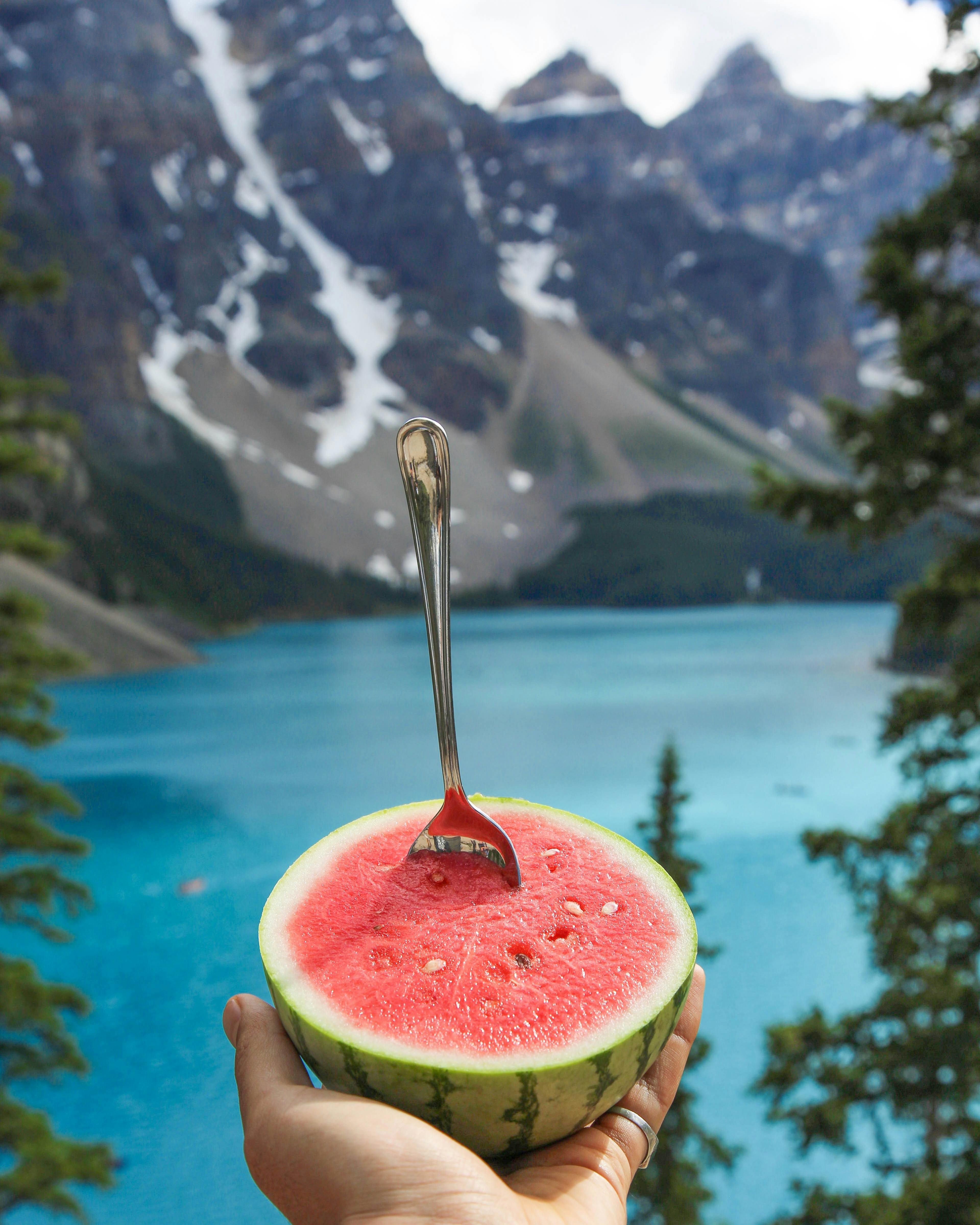 A person holds out a small watermelon half with a spoon stuck in it. There are mountains and a lake in the background
