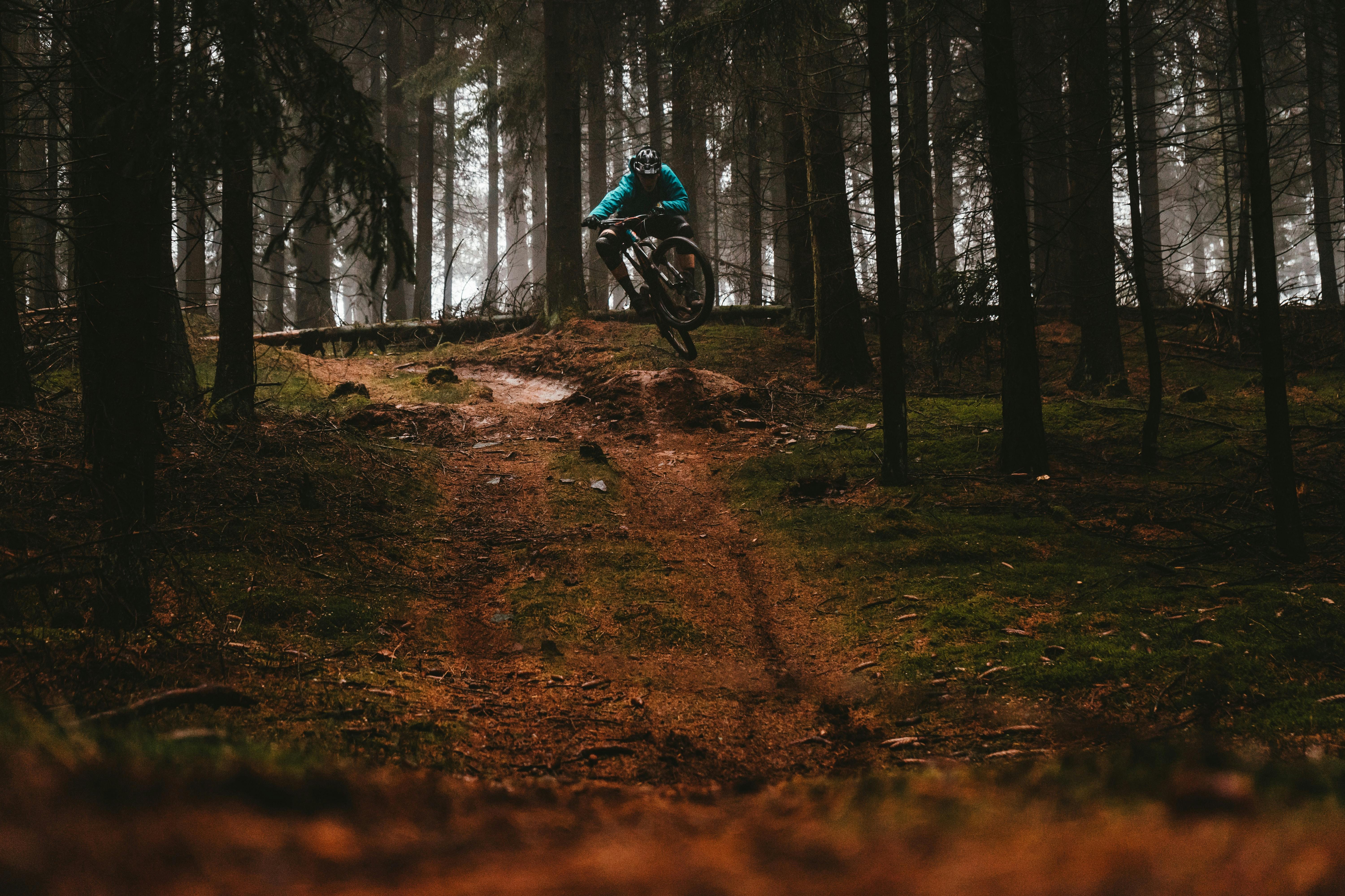 A mountain bike rider flying off a jump on a trail in a dark forest.
