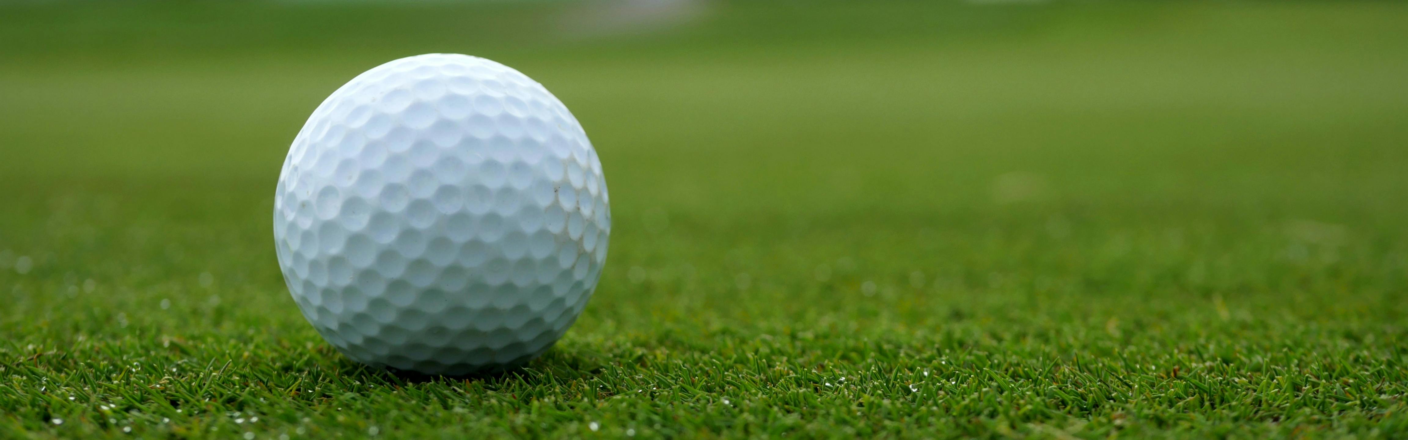 A golf ball sits on green grass
