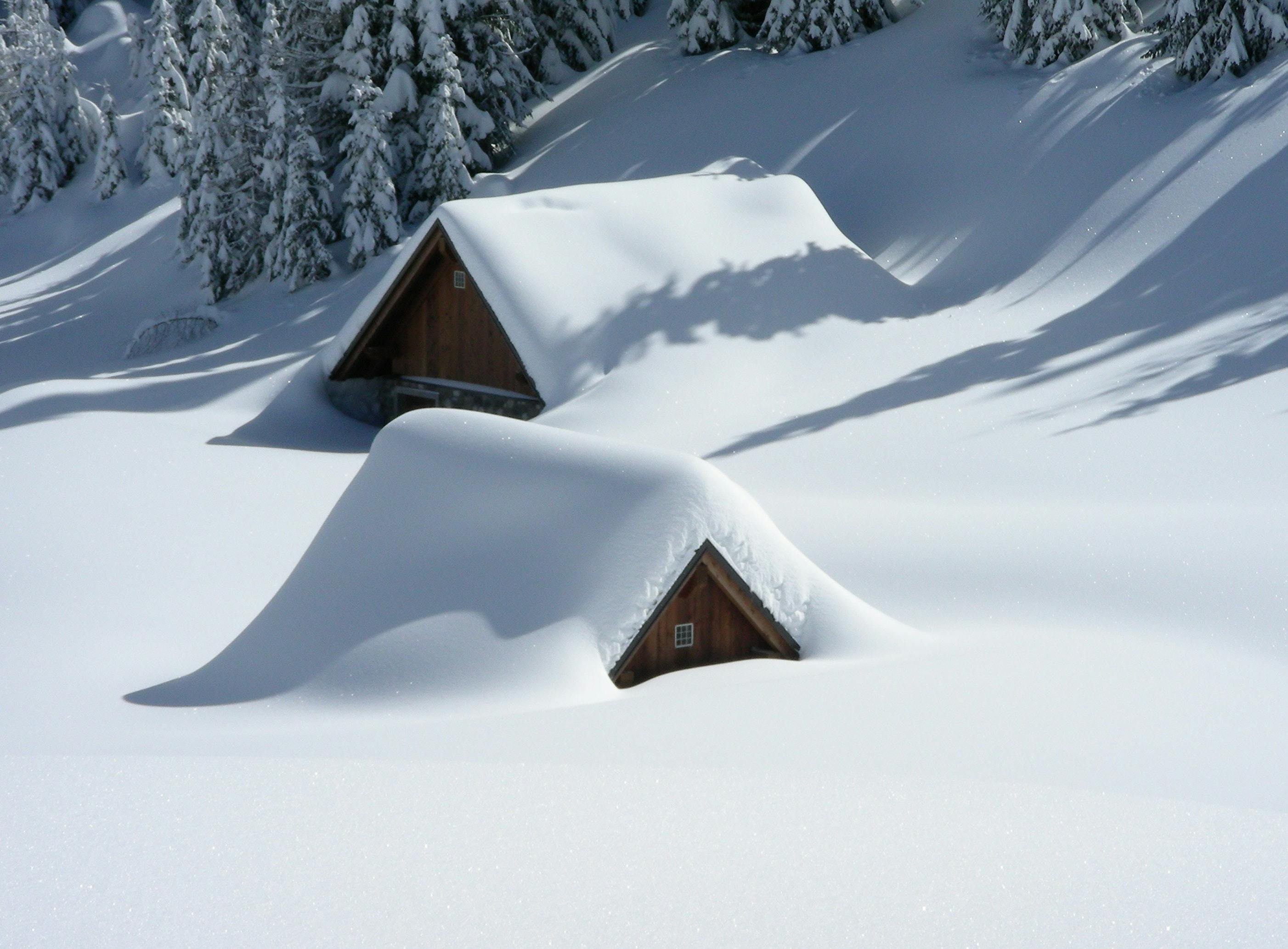 Two cabins are buried in the snow.