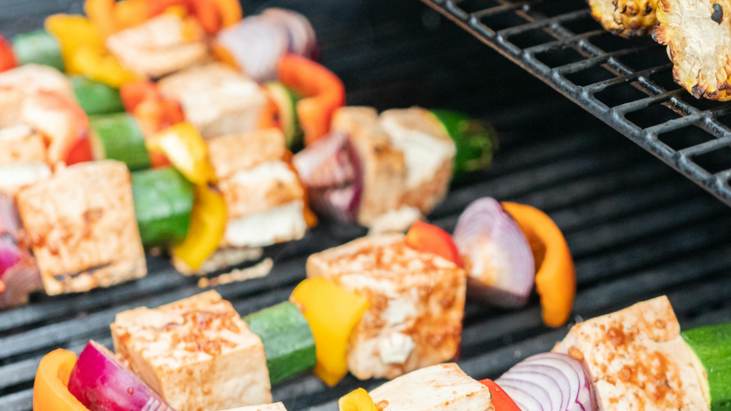 Tofu skewers and corn cobs on a grill. 