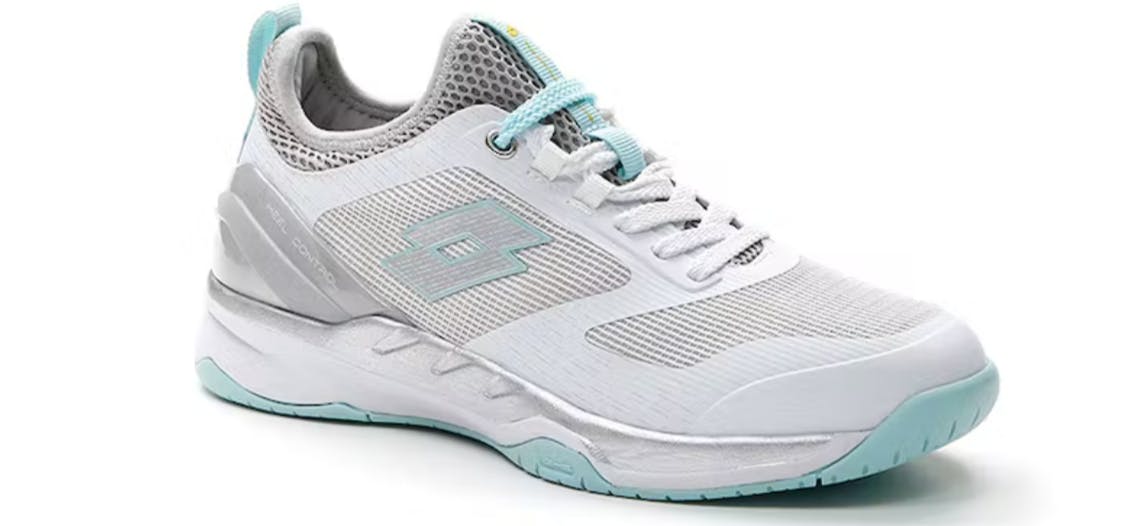 A Lotto Mirage 200 Speed Shoe in the color white/teal.