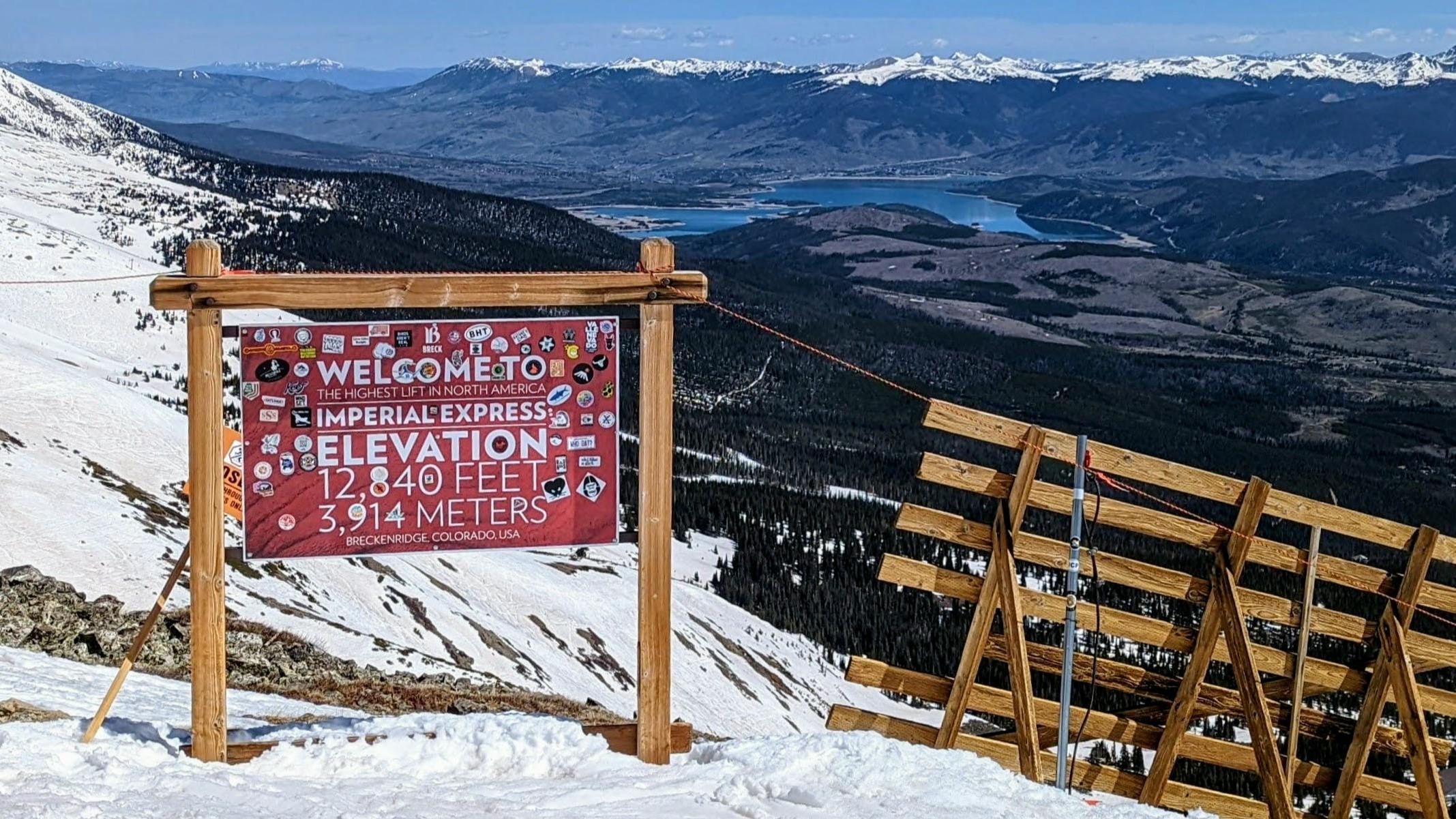 A sign at a ski resort that reads "Welcome to the Highest Lift in North America: Imperial Express Elevation 12,840 feet".