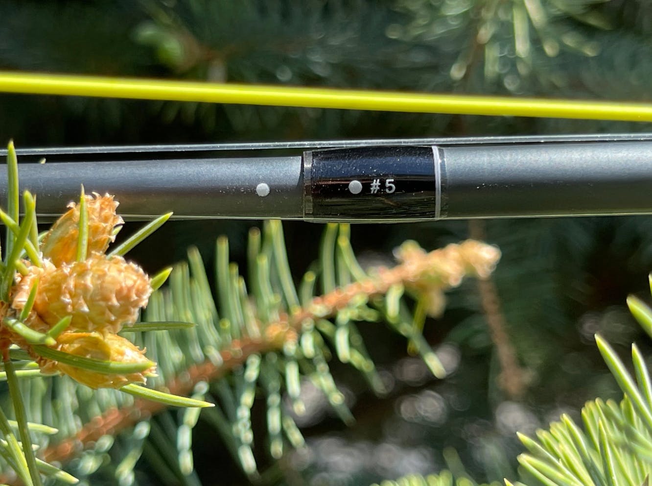 Close up of the Douglas SKY G Fly Rod that says "#5".