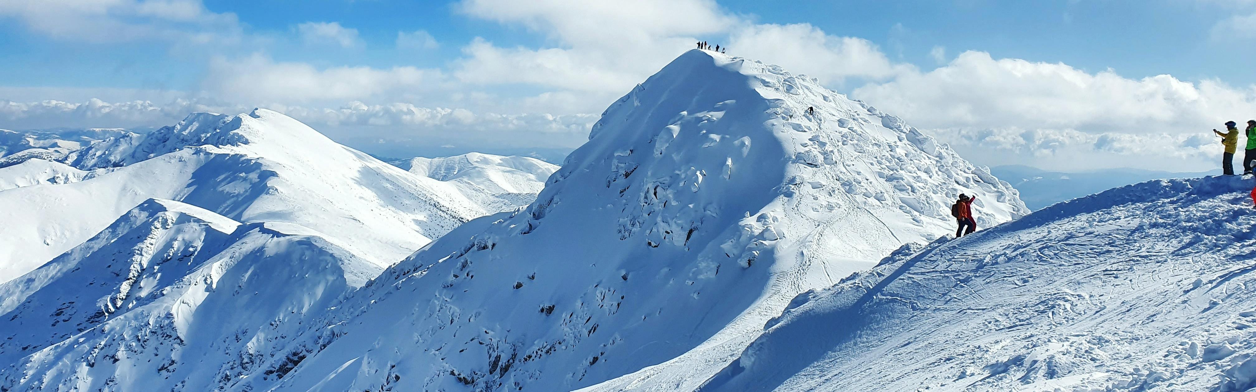 People stand on snowy mountaintops preparing to ski down them.