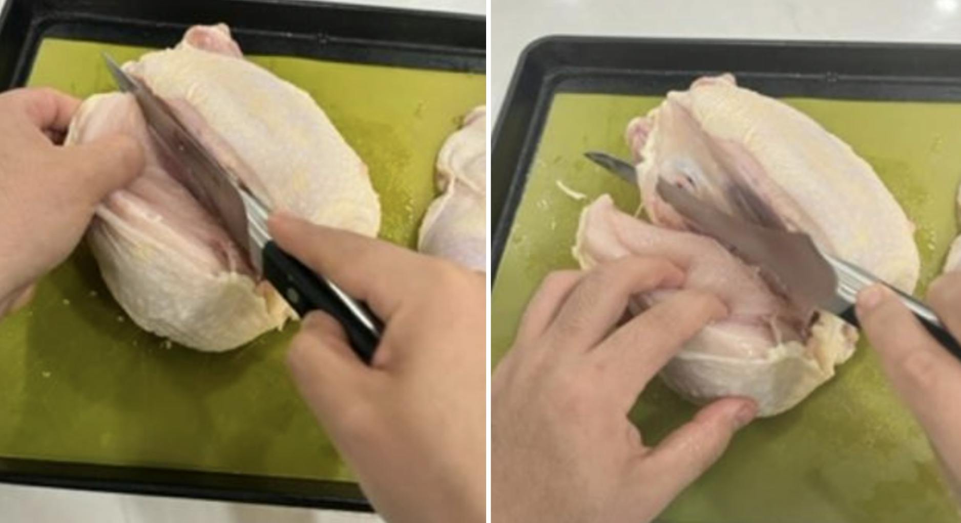Two photos of cutting a chicken breast. 
