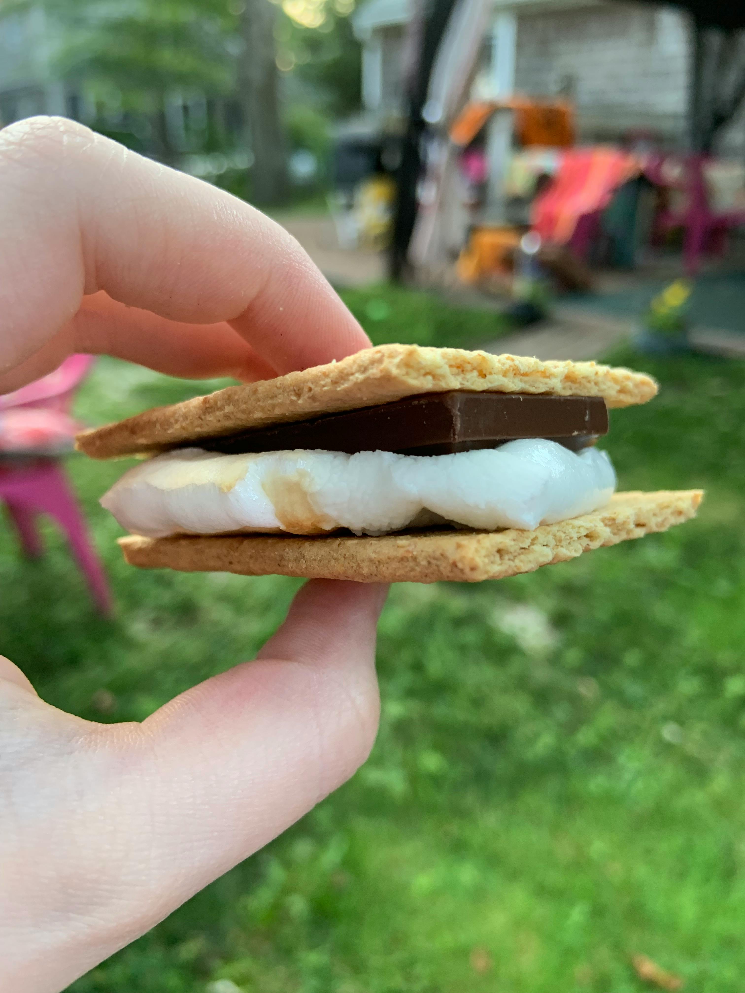 A person holds a s'more