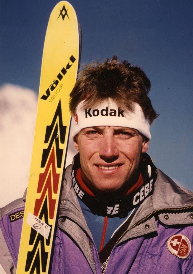 Jean-Marc Chabloz, Olympian and Swiss Biathlete with his Völkl skis, 1988. 