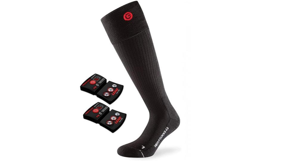 One black sock with two batteries shown. The batteries and sock have a red logo on it. The batteries look like they would attach to the top of the sock.
