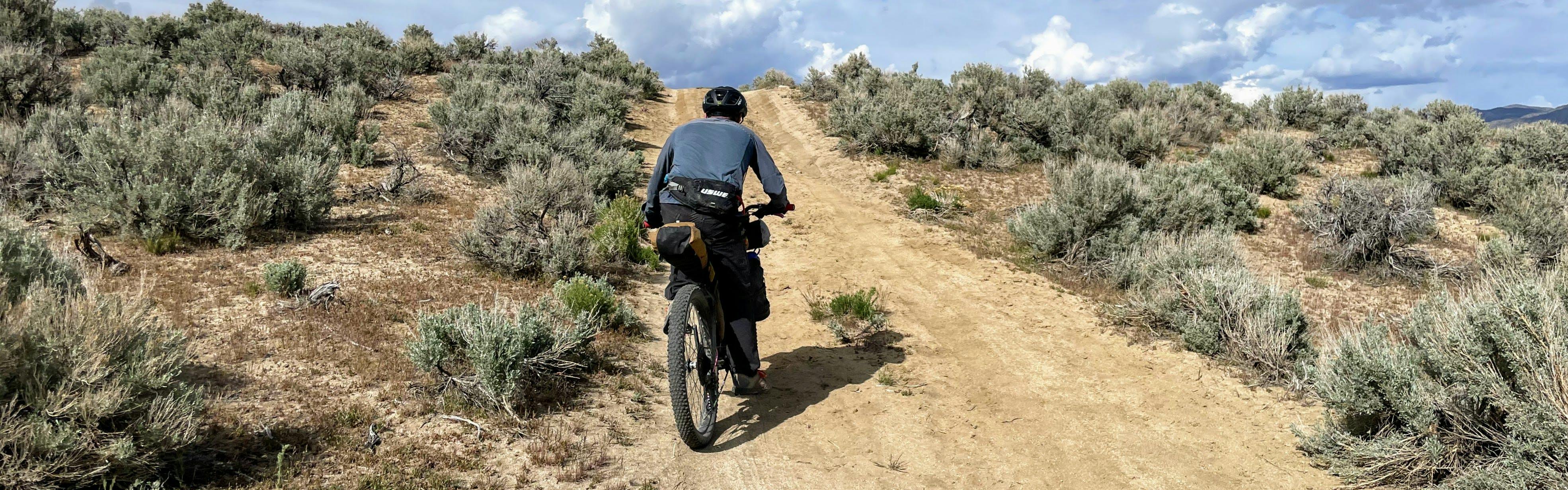 A biker rides up a dirt trail. There is sagebrush on the sides of the trail.