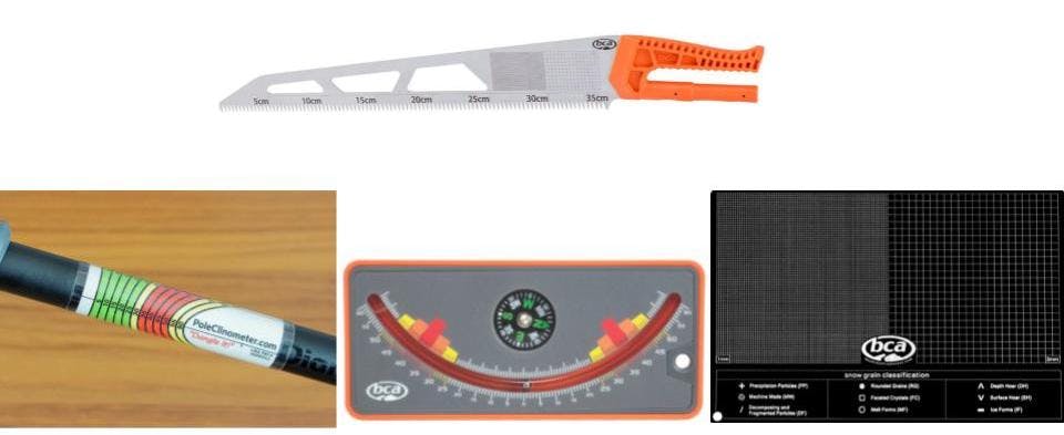 Four items. Top item is a Backcountry Access Snow Saw. Bottom three from left to right are a Ski Pole Inclinometer, BCA Slope Meter,  and BCA Crystal Card.