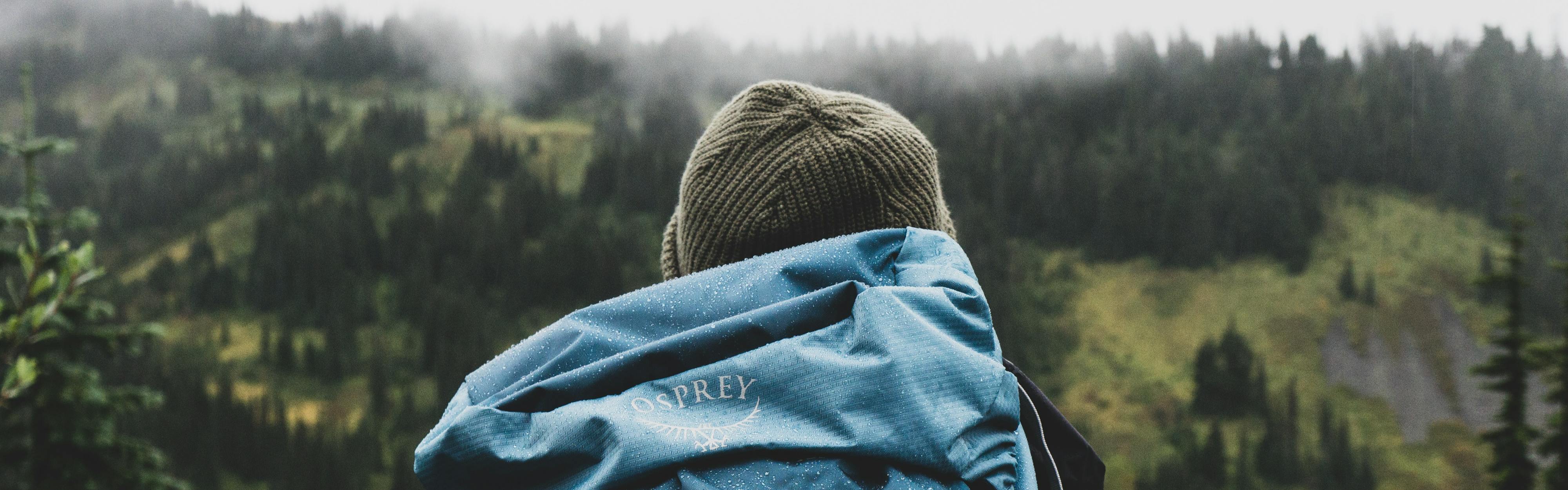 Someone in a beanie wears a blue Osprey backpack with their back to the camera. A foggy hillside covered in pines extends before them.