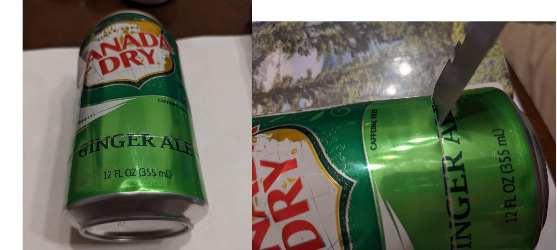 Two photos of a Canada Dry can. On the left is the can with a scoring around the middle, and on the right is a blade cutting the can. 