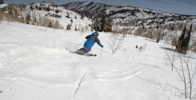 Curated Ski Expert Robert Greenawalt skiing on the 2023 ​​Nordica Unleashed 98 skis at Powder Mountain