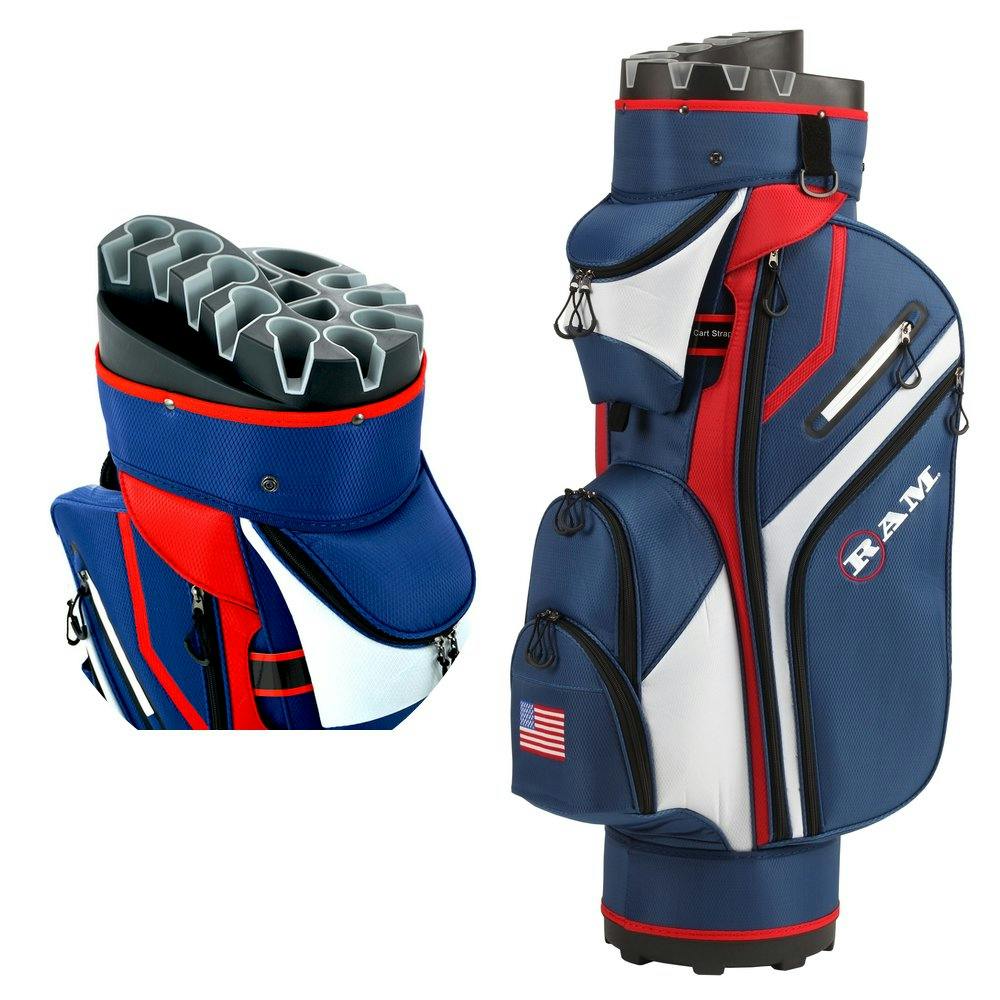 Ram Golf Premium Cart Bag with 14 Way Molded Organizer Divider Top · USA Flag