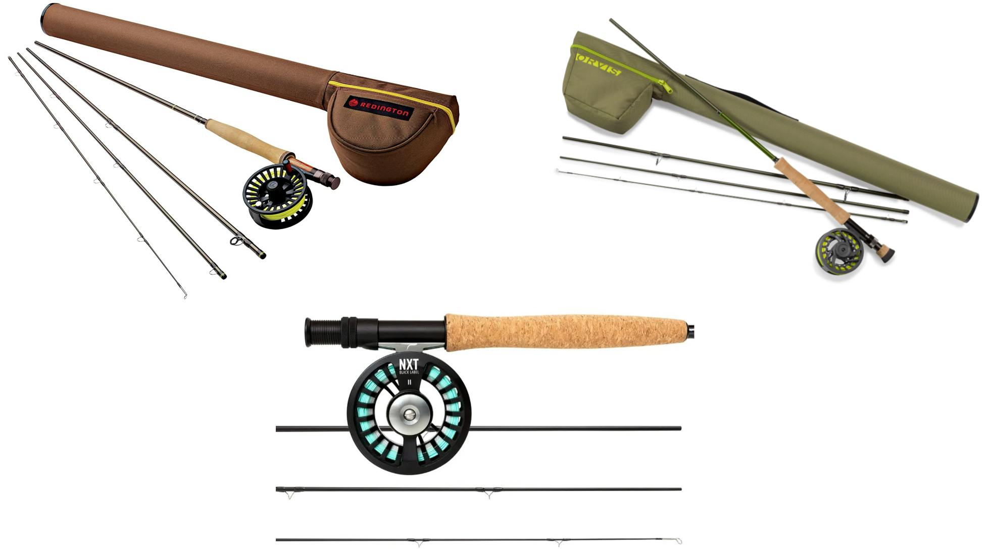 Three fly rod outfits. The Redington Path outfit (top left), the Temple Fork Outfitters NXT Black Label outfit (bottom) and the Orvis Encounter outfit (top right).