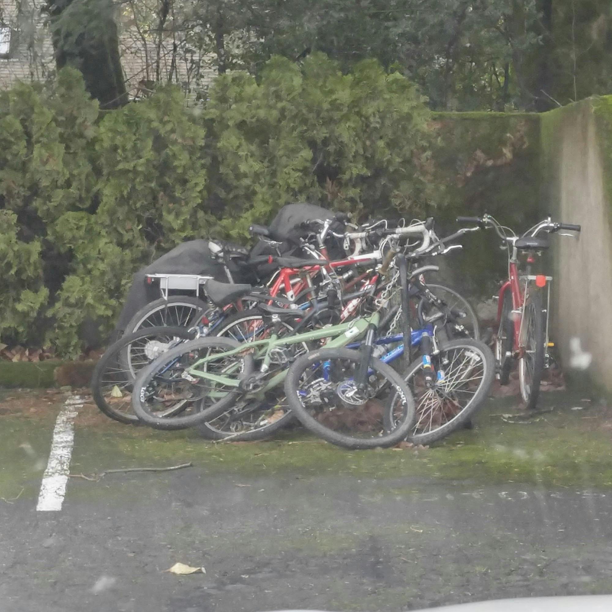 A pile of bikes. 