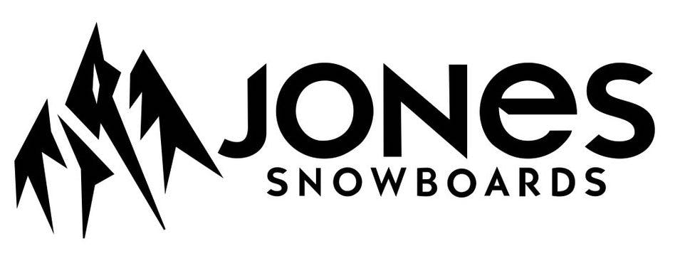 Jones logo has a peak in black on the left and the words "Jones Snowboards" on the right. 