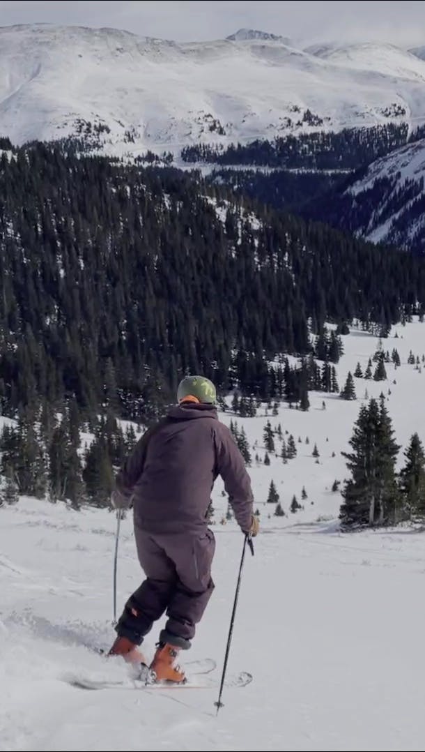 Curated Expert, Evan Korte, skiing in the Helly Hansen Sogn 2.0 shell jacket at Loveland Ski Area.