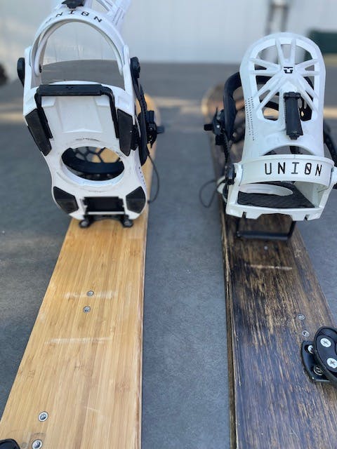 Back of the Union Explorer Split Snowboard Bindings attached to a splitboard.