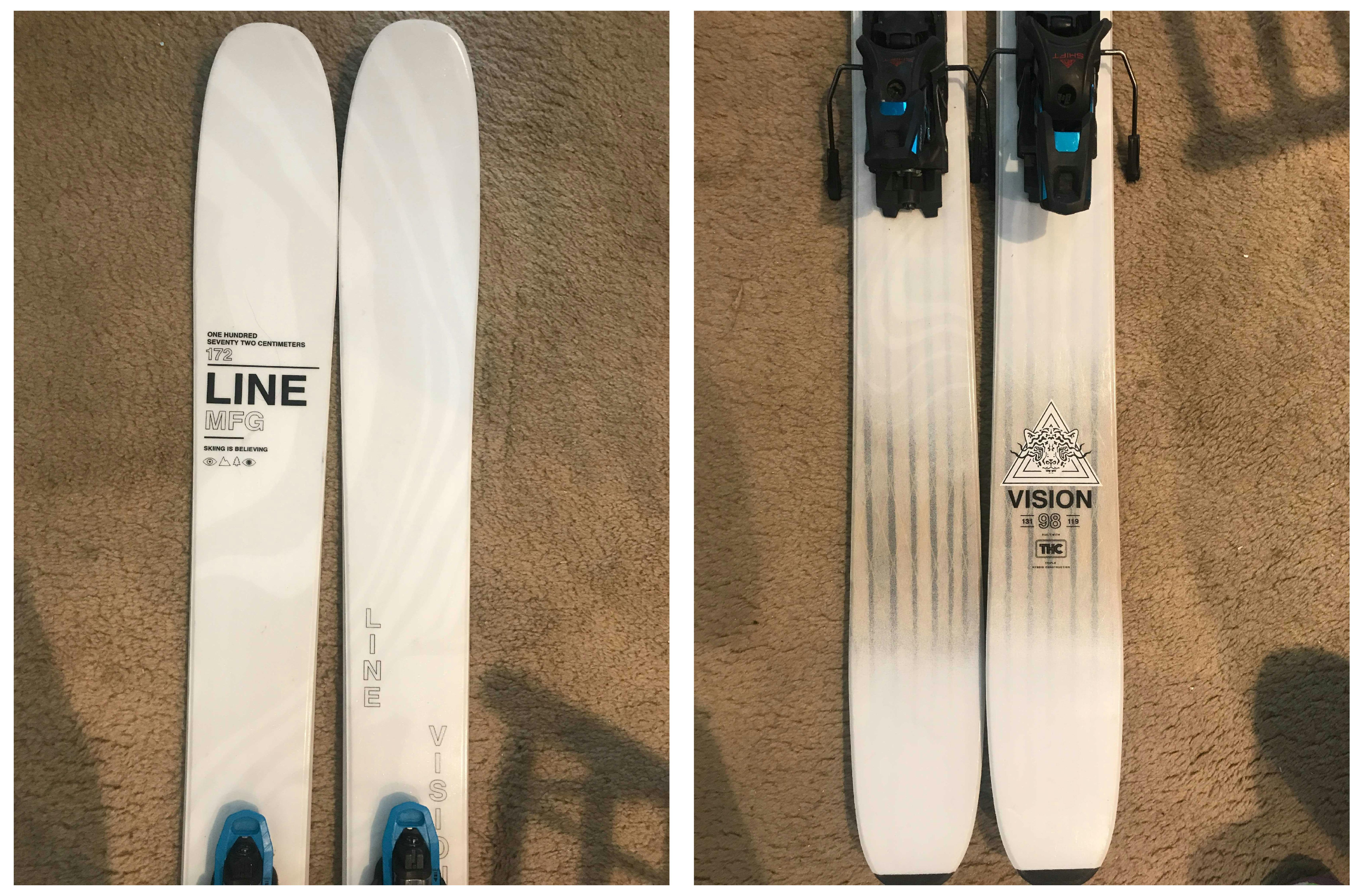 Closeup photos of the front and back of the Line 98 skis.