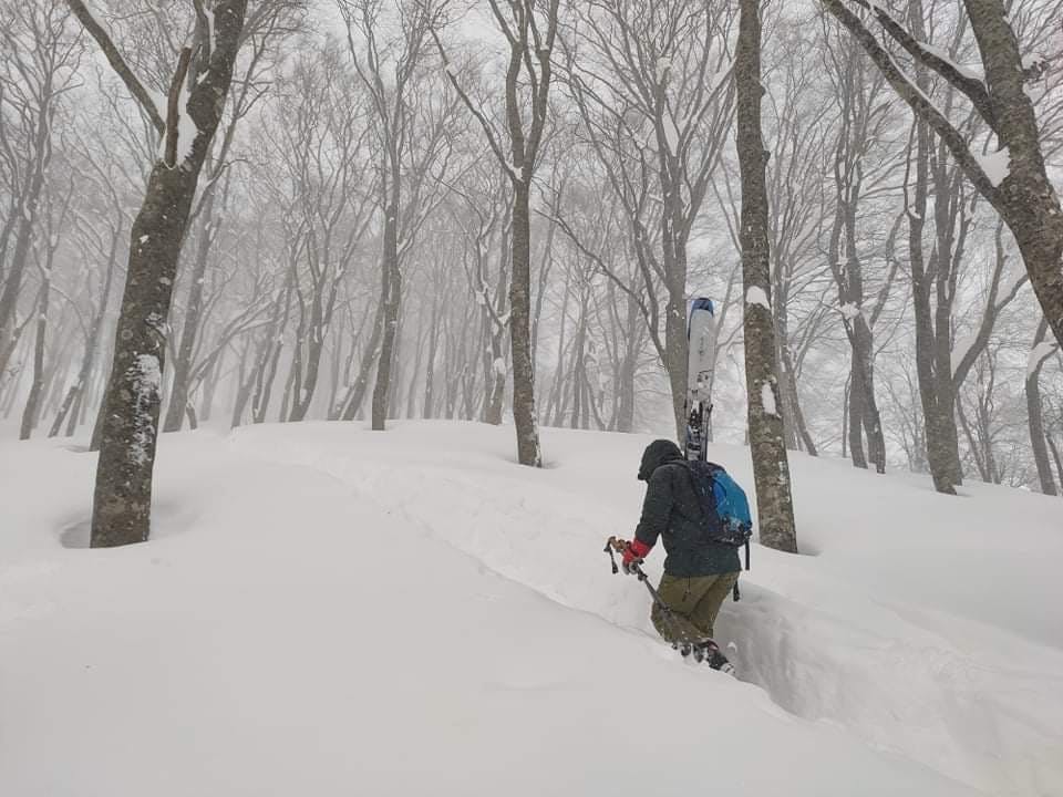 A man walks up a snowy trail with skis.