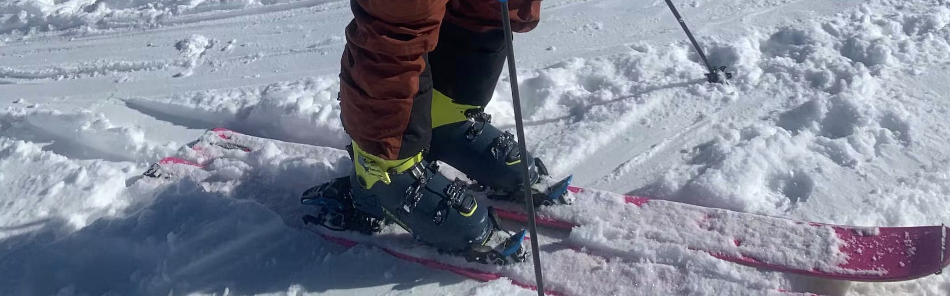 Close up of the Tecnica Zero G Tour Ski Boots being used on skis. 