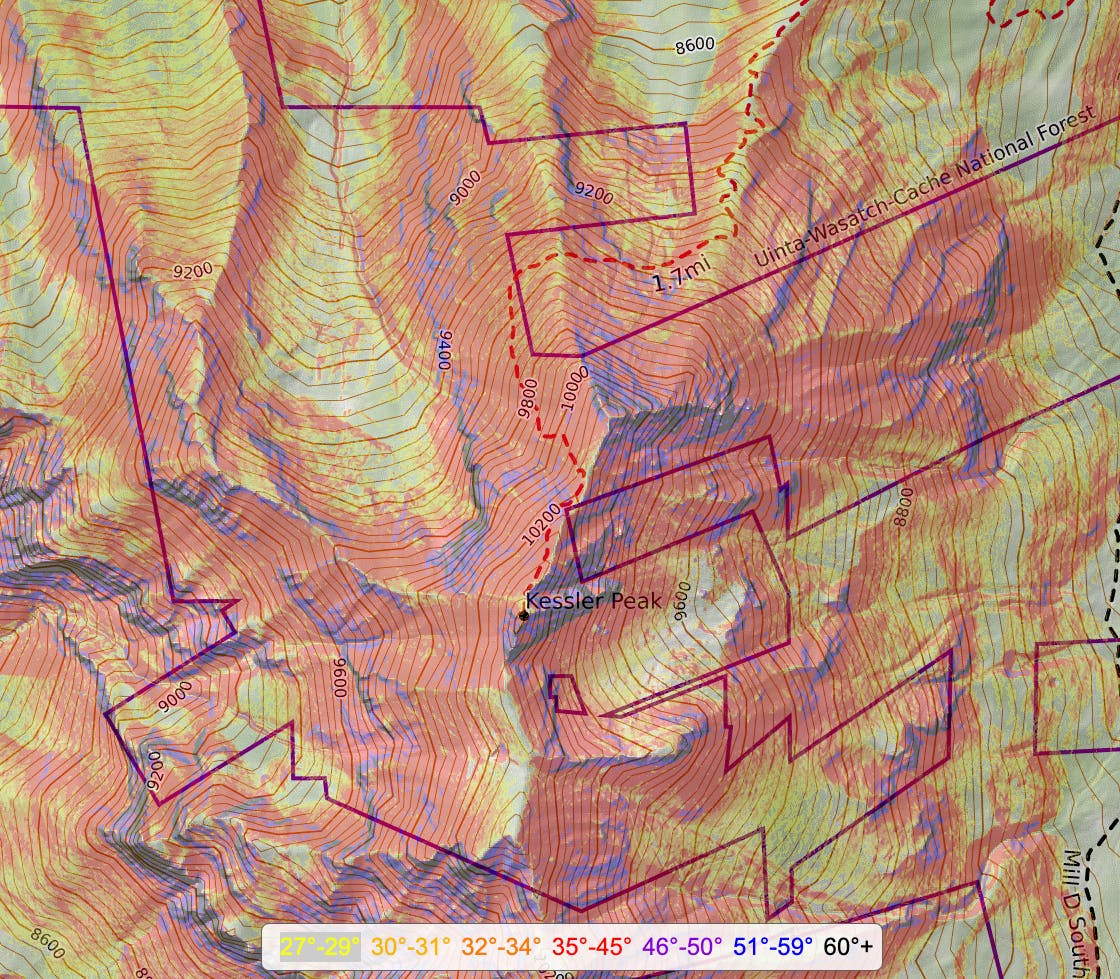 Screenshot of a topographic map with shading on different slope angle steepnesses.