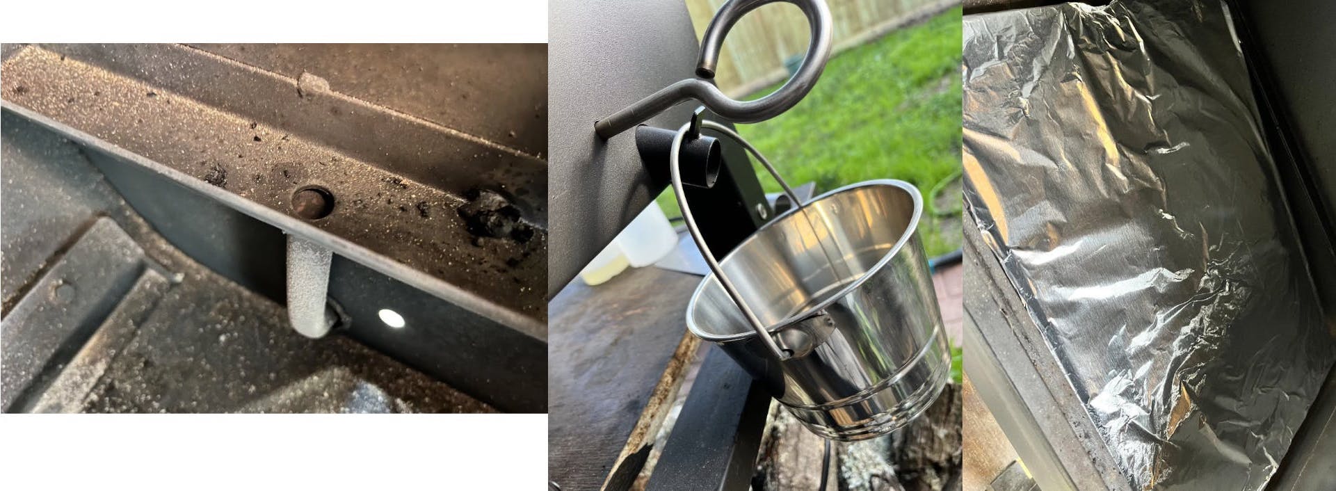 Left: Grease collection drain at the bottom point of grease tray setup. Middle: Grease bucket. Right: Aluminum foul over a grease tray. 