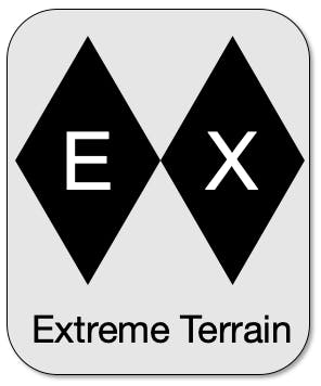A grey square with two black diamonds, one each with an E and an X at the center. Words at the bottom read "extreme terrain"