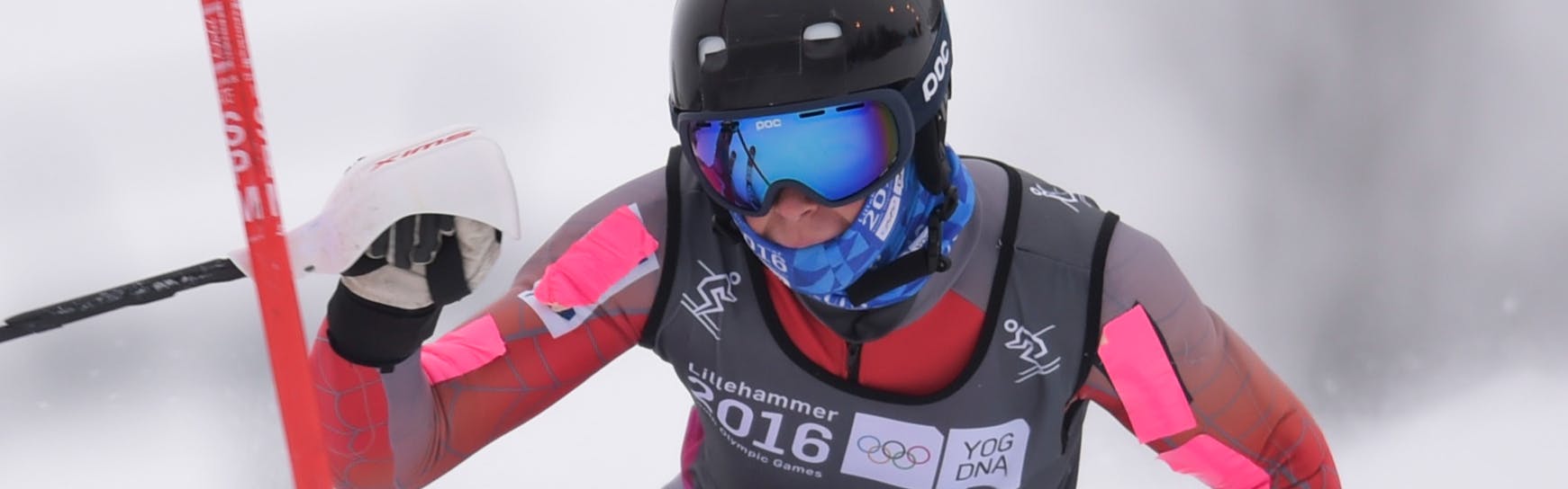 A close-up of River Radamus in his ski gear racing in the 2016 Youth Olympics.