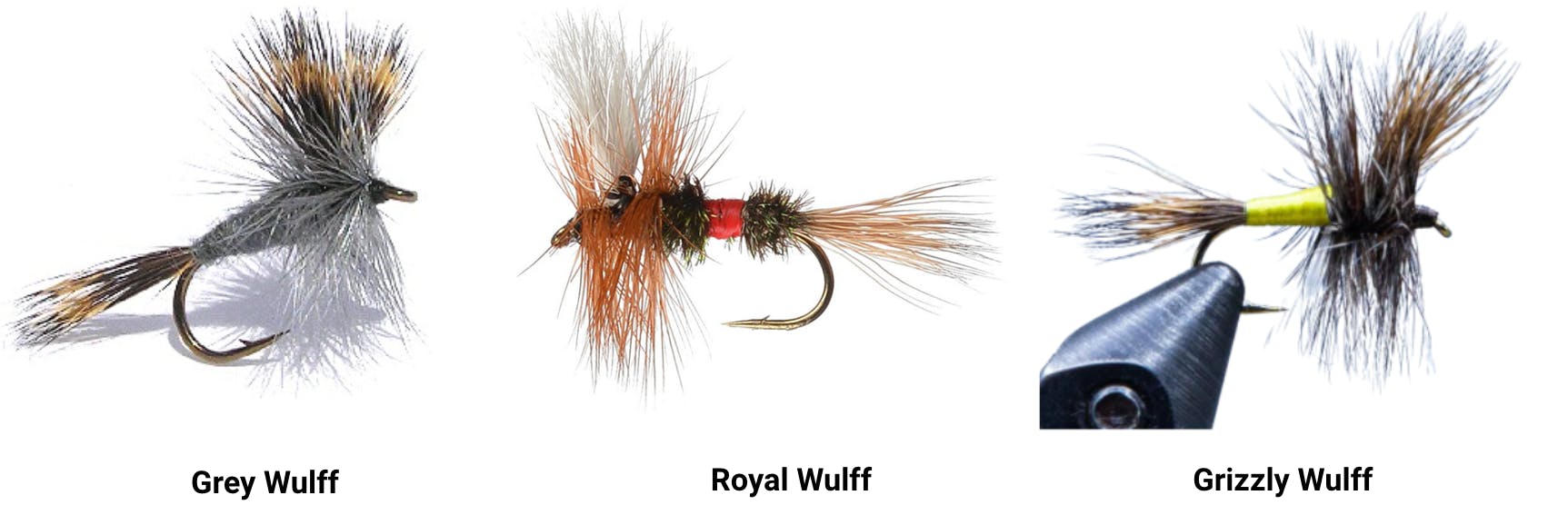 Three flies for fly fishing. On the left is the Grey Wulff, in the middle is the Royal Wulff, and on the right is the Grizzly Wulff.