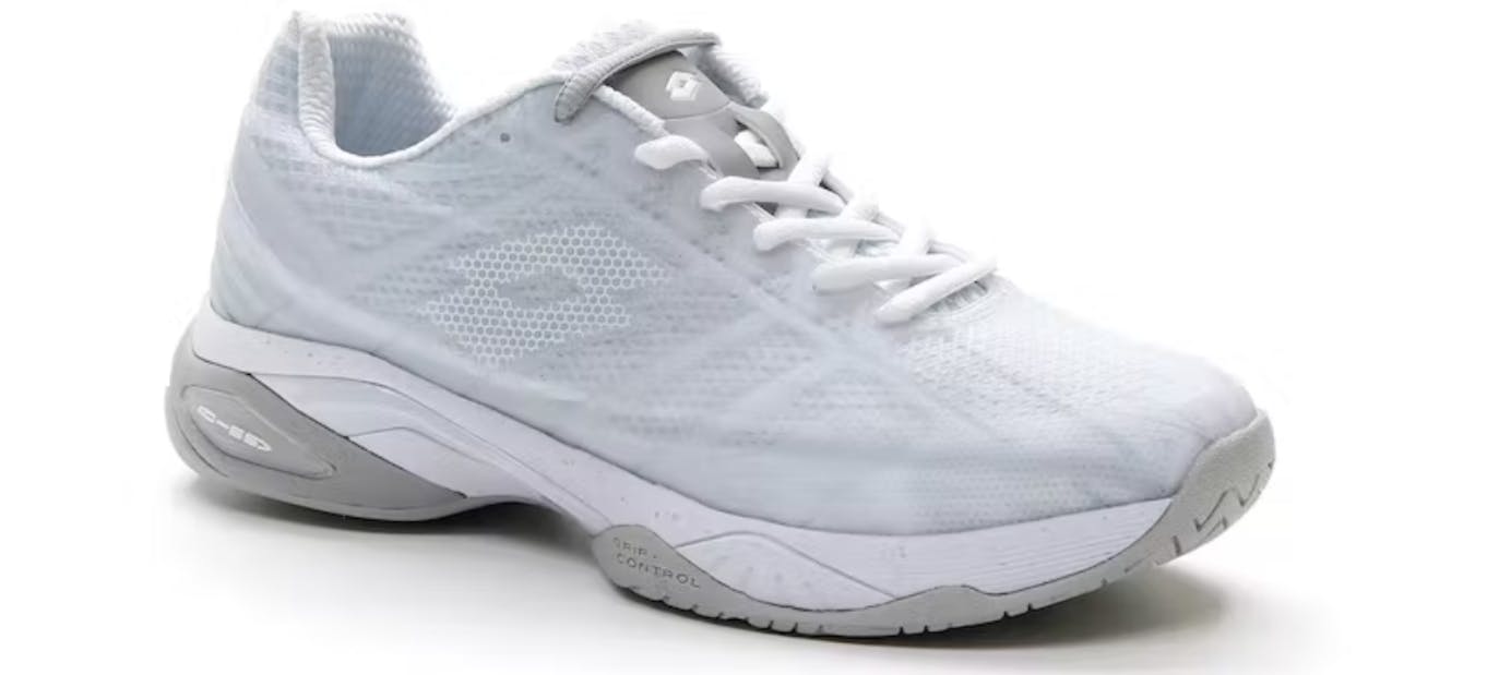 A Lotto Mirage 300 Speed Shoe in the color white. 